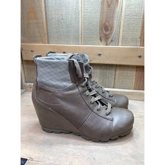 Merrell Womens Wedge Ankle Boots Size 8 Khaki Gray Leather & Suede - Picture 1 of 11